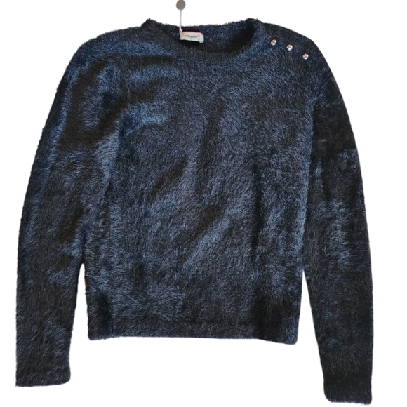 PINKO UP Girls Black Fuzzy Sweater Size L - Shoulder Button Detail, Soft Stylish - Picture 1 of 5